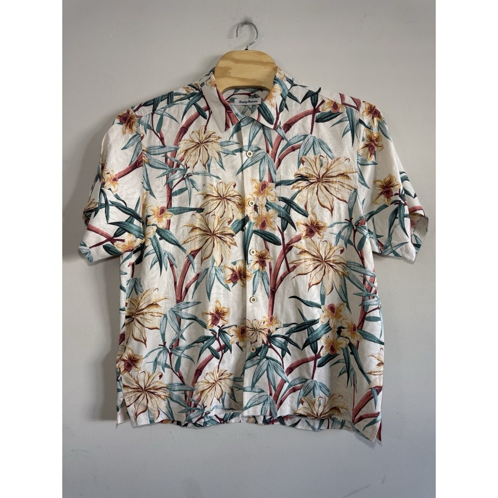 Tommy Bahama Shirt Mens XL Hawaiian Bamboo Camp Aloha Tropical Bungalow Silk